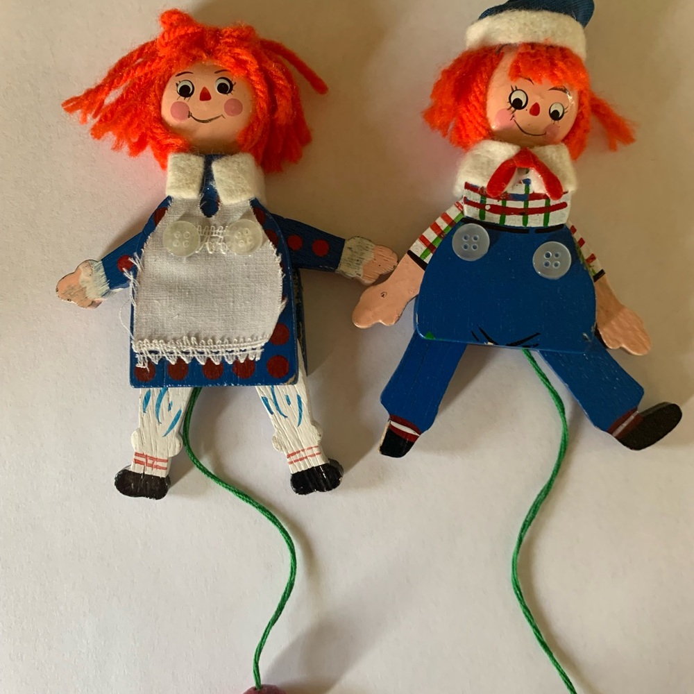 Vintage Hand Painted Wood  Jumping Kurt Adler 1980s Raggedy Ann & Andy Ornaments